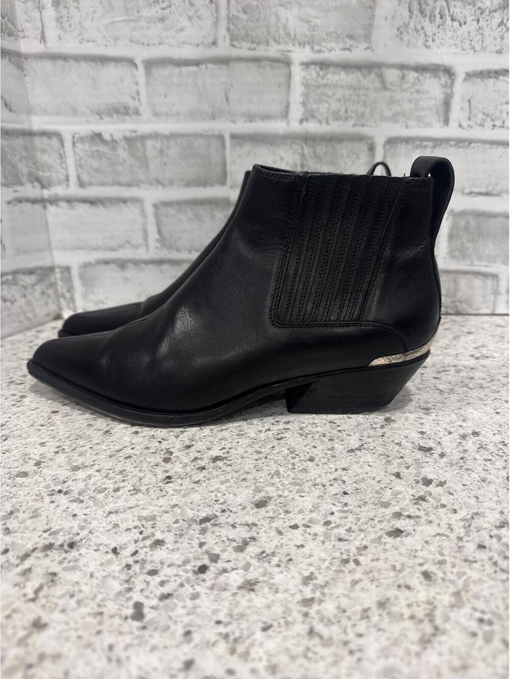 rag & bone Black Leather Ankle Boots with Silver Accent Heel, Size 37